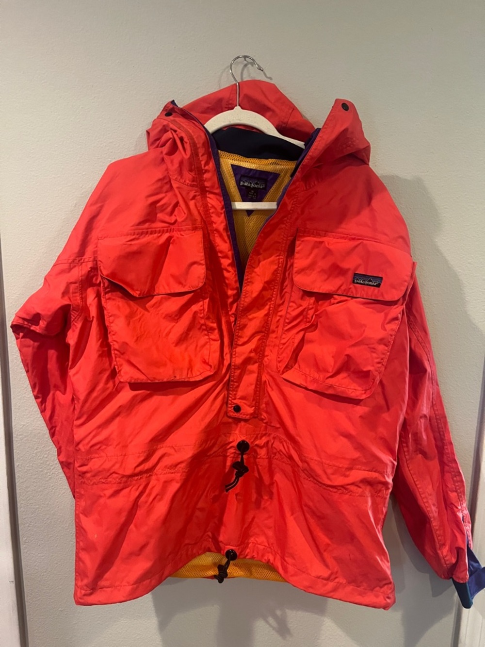 Patagonia Red Hooded Pullover Anorak with Yellow Lining
